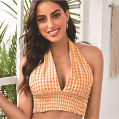 Sexy plaid v neck halter tops