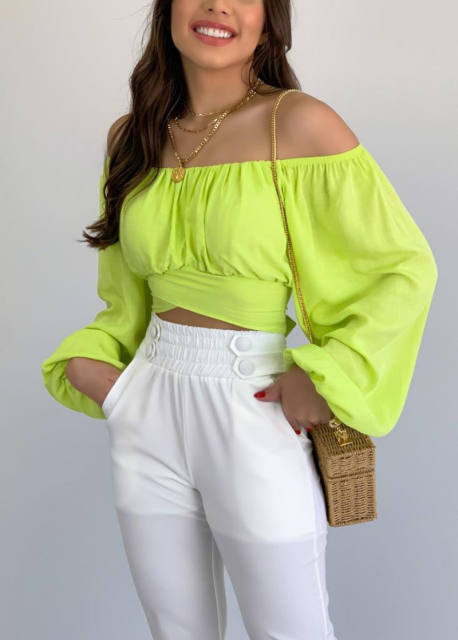 Long puff sleeve off shoulder woman tops