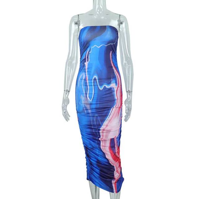 Strapless blue color printing bodycon midi dress