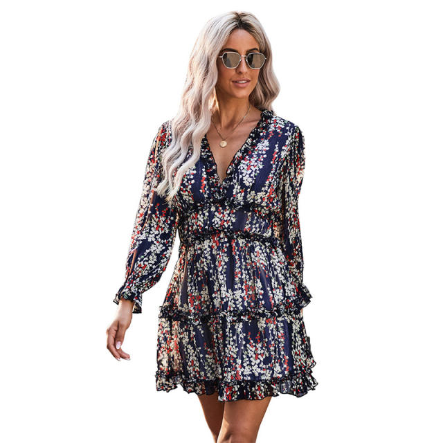 Patterned chiffon long sleeve dress