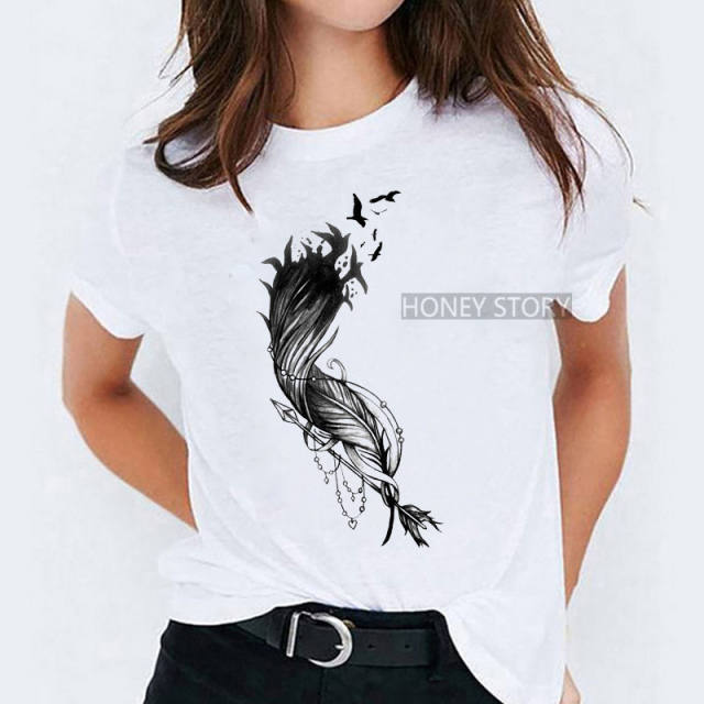 Summer fashion feather print women's short-sleeved T-shirt