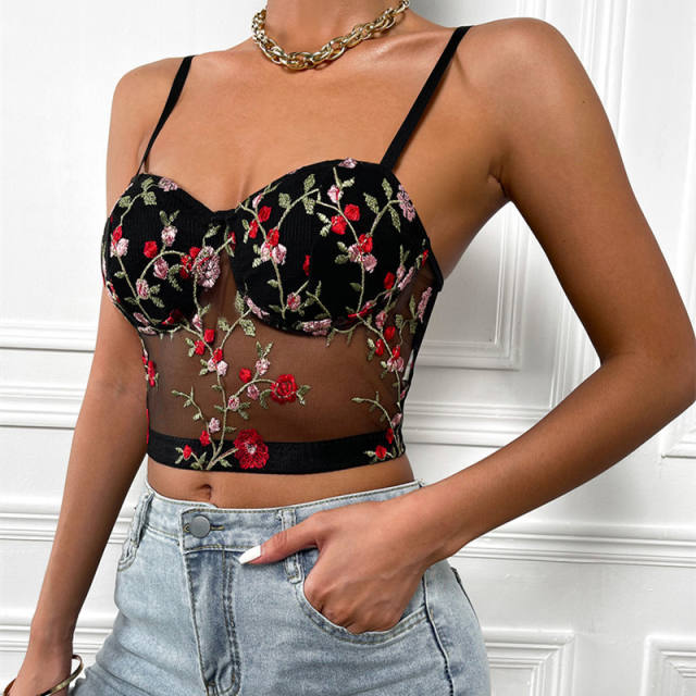 Black mesh flower embroidery camis