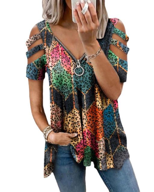 V neck zip cold shoulder woman tops