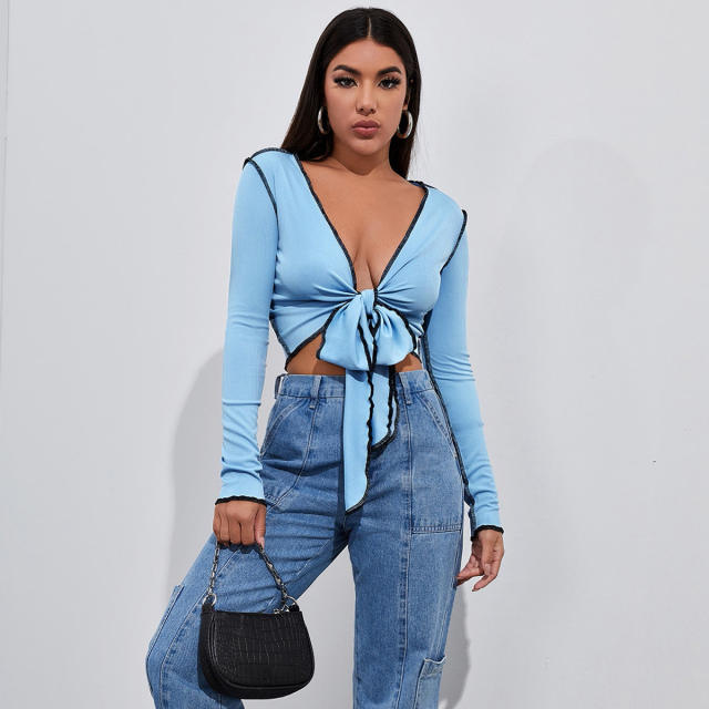 Blue color long sleeve tie front woman tops