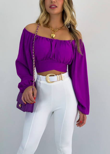 Long puff sleeve off shoulder woman tops