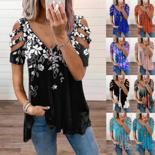 V neck zip cold shoulder woman tops