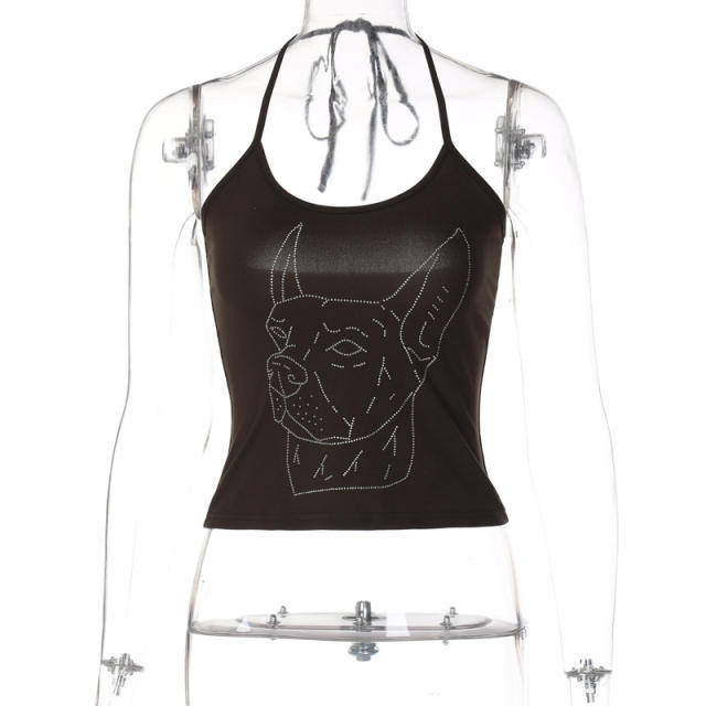 Rhinestone animal head halter tops for lady