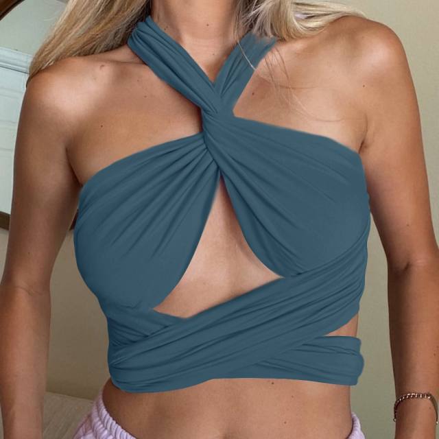 Plain color sexy halter neck crop tops