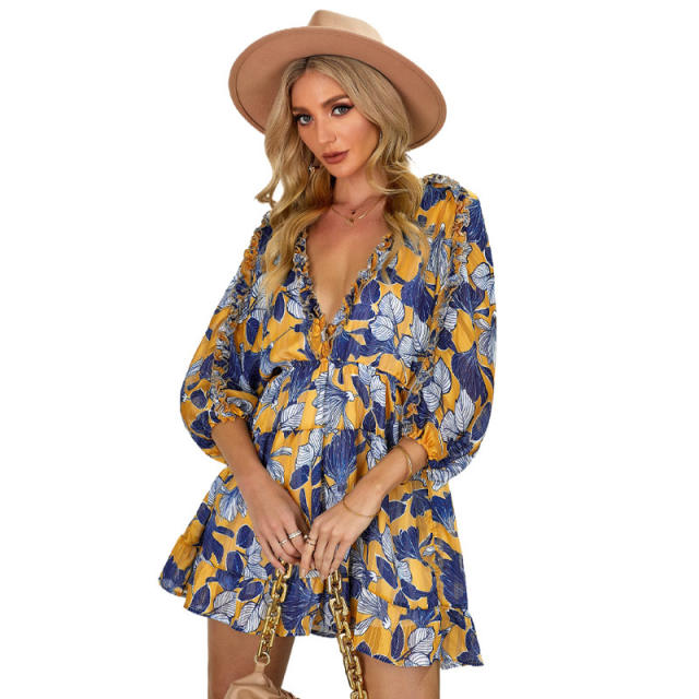 Patterned chiffon long sleeve dress