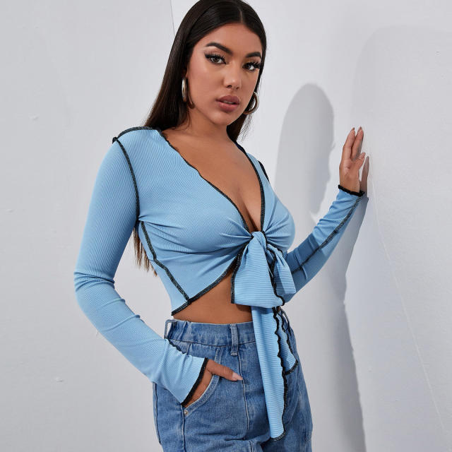 Blue color long sleeve tie front woman tops