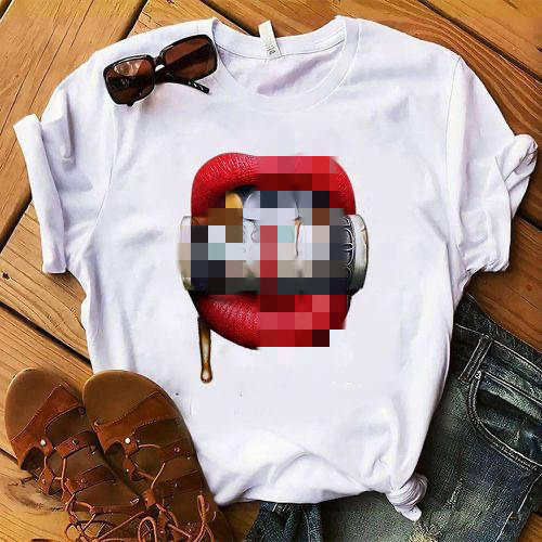 Summer red lips bite US dollar printed women's large size short sleeve t-shirt