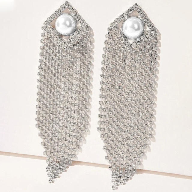 Elegant pearl rhinestone pave setting tassel earrings