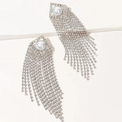 Elegant pearl rhinestone pave setting tassel earrings