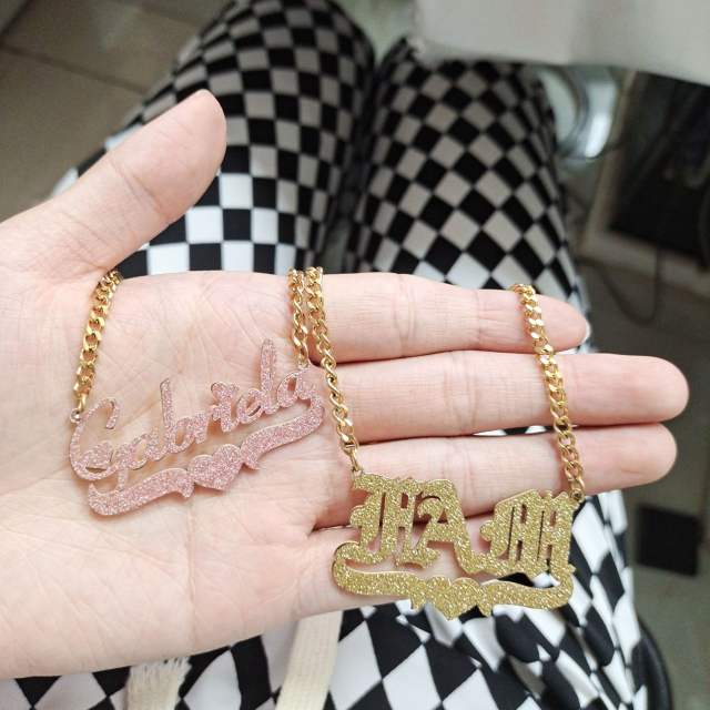 Stainless steel custom necklace with gliter sticker