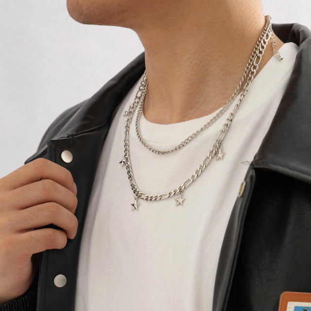 Hiphop silver color two layer chain necklace for men
