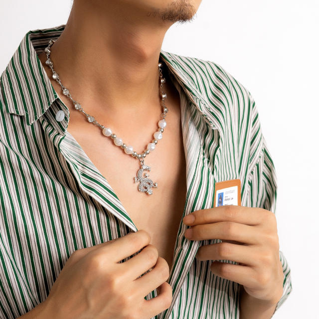 Creative diamond dragon pendant pearl necklace for men