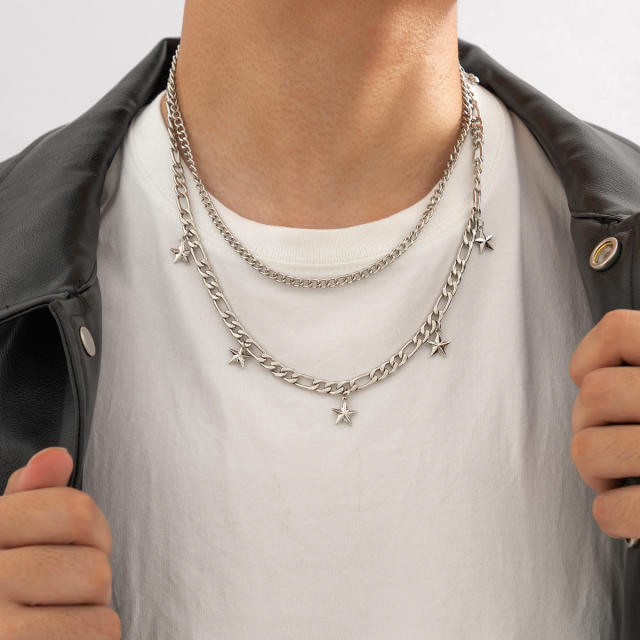 Hiphop silver color two layer chain necklace for men