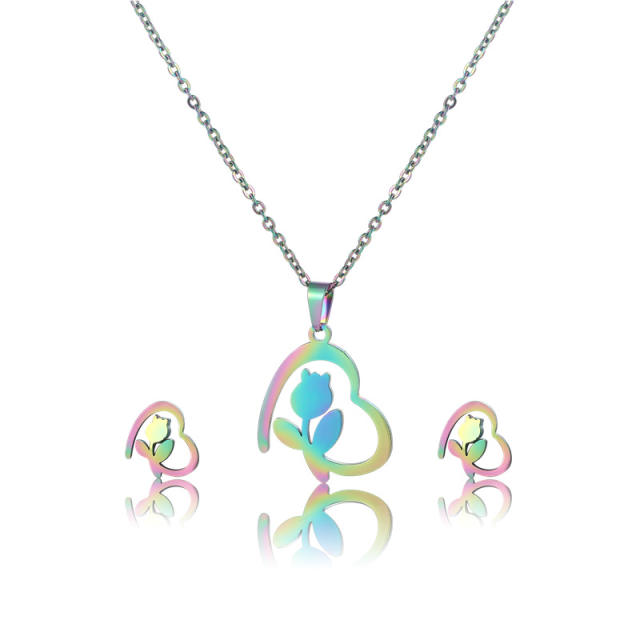 French heart rose stainless steel necklace set