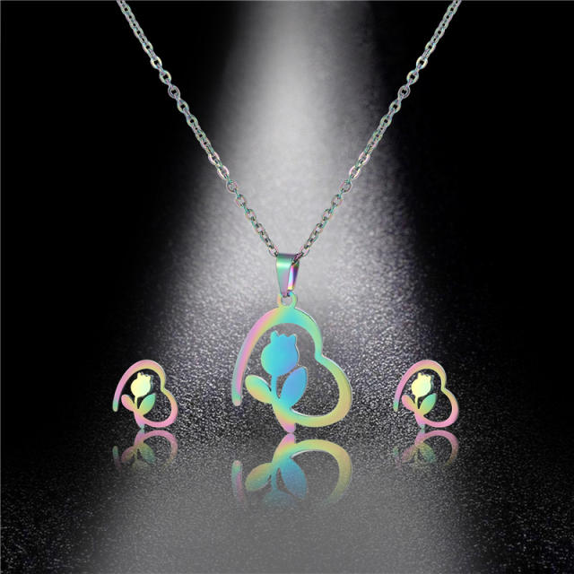 French heart rose stainless steel necklace set