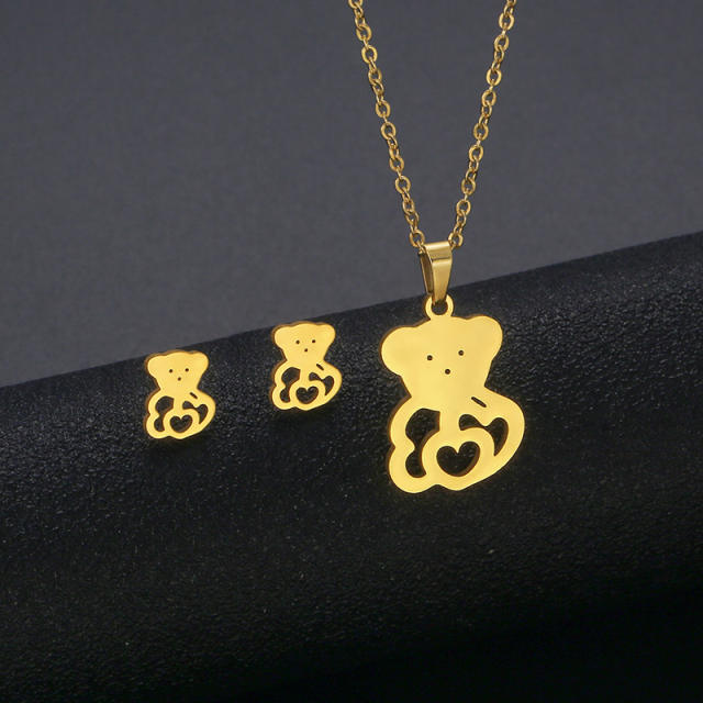 Cute bear buttefly heart symbol stainless steel necklace set