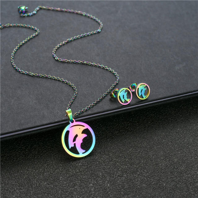 Colorful dolphin design stainless steel necklace set
