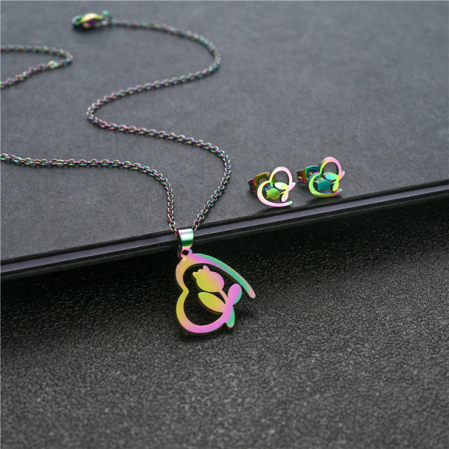 French heart rose stainless steel necklace set