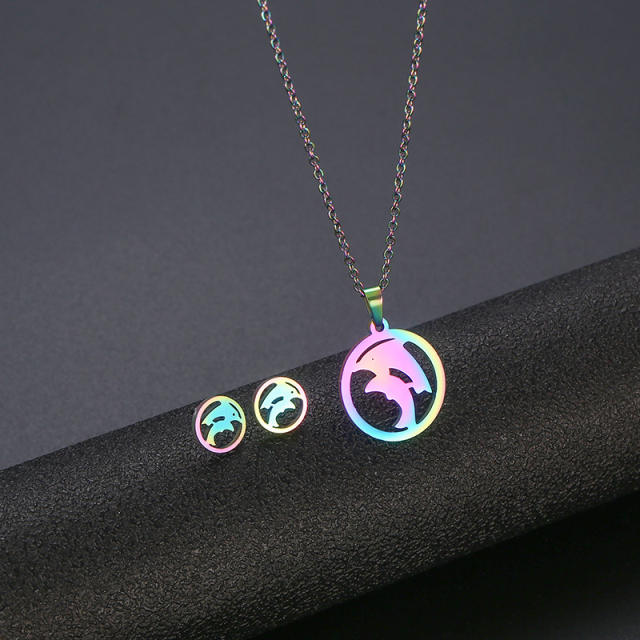 Colorful dolphin design stainless steel necklace set