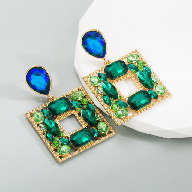 Luxury colorful glass crystal statement earings geometric square