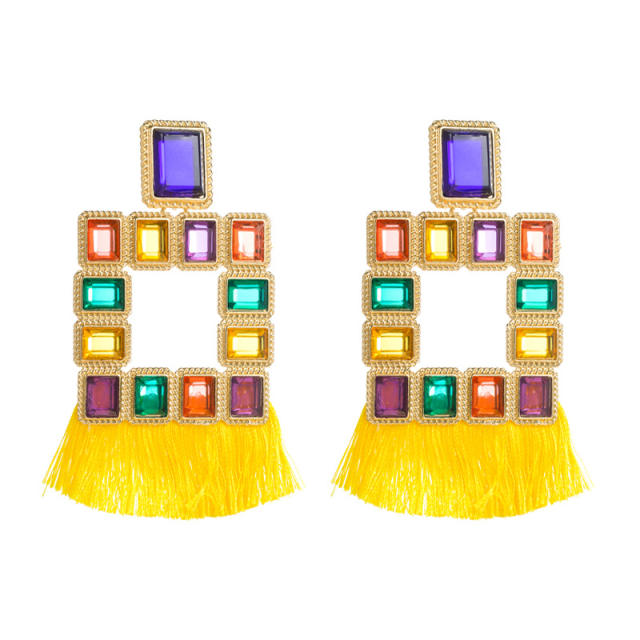 Geometric sqaure color rhinestone rope tassel earrings