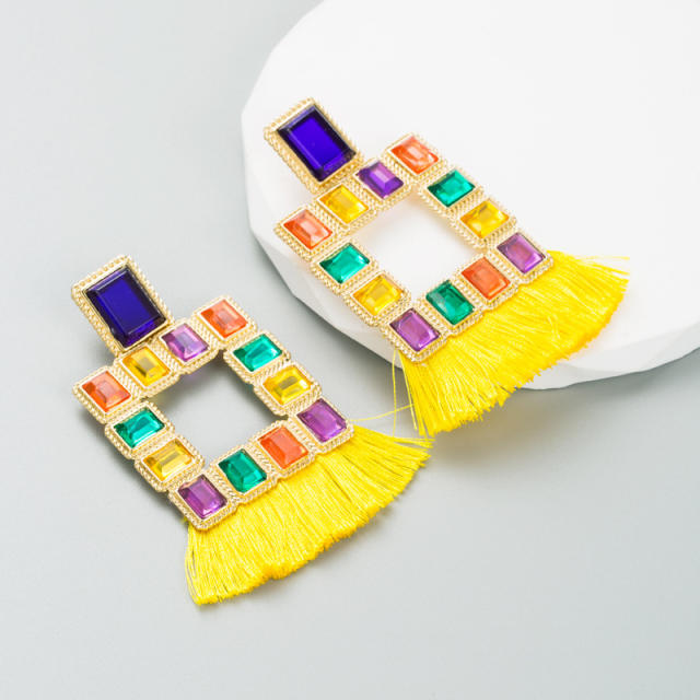 Geometric sqaure color rhinestone rope tassel earrings