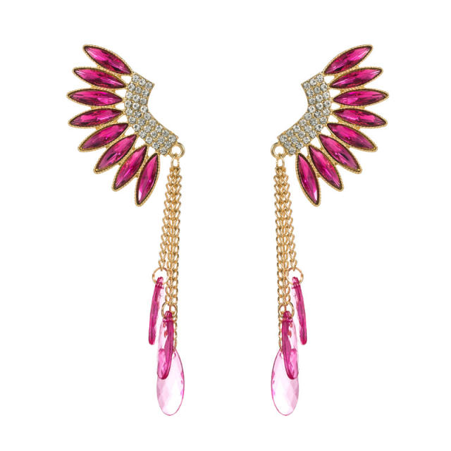 INS popular color glass crystal statement wing tassel earrings