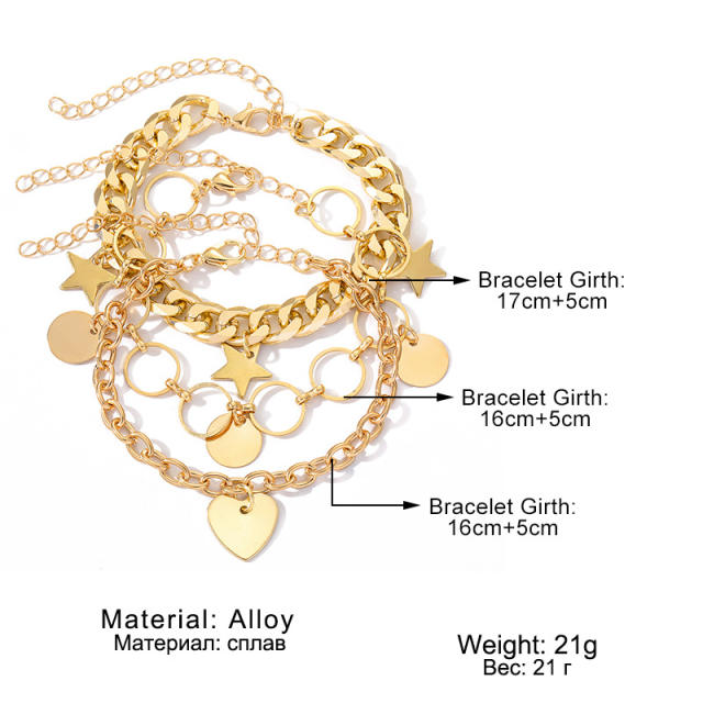 Hiphop heart star metal chain bracelet set