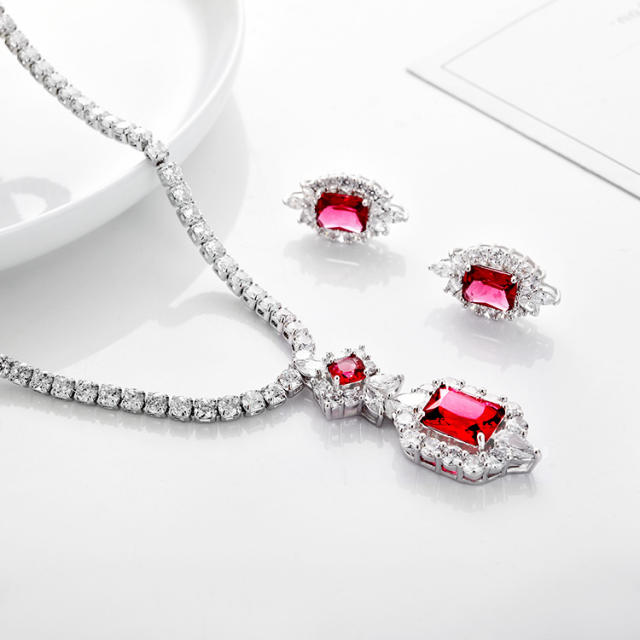 Fashion square shape color cubic zircon wedding necklace set