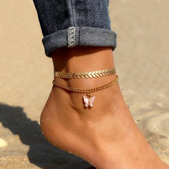 Two layer pink butterfly charm anklet set