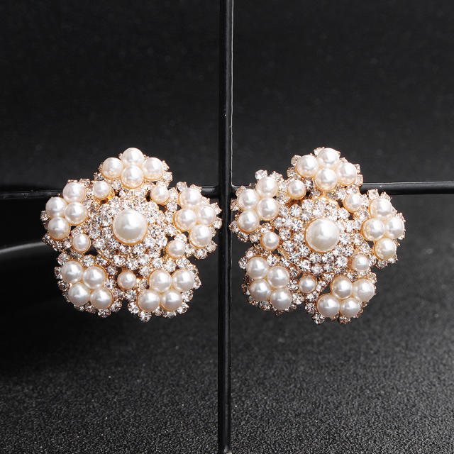 Geometric faux pearl wedding clip on earrings