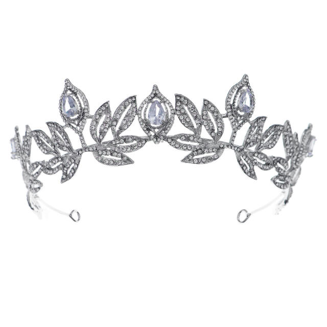 Baroque pave setting rhinestone leaf design crown