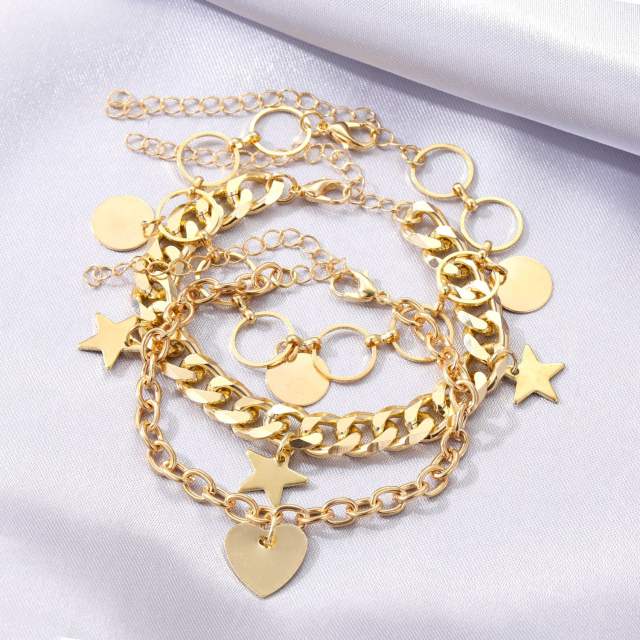 Hiphop heart star metal chain bracelet set