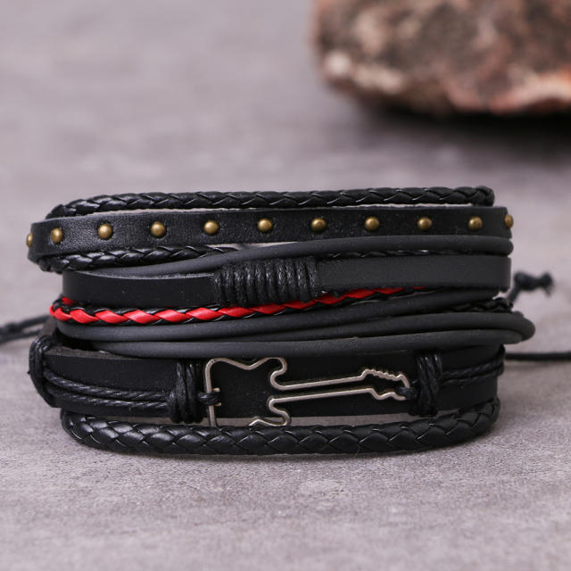 Black color evil eye symbol PU leather bracelet for men