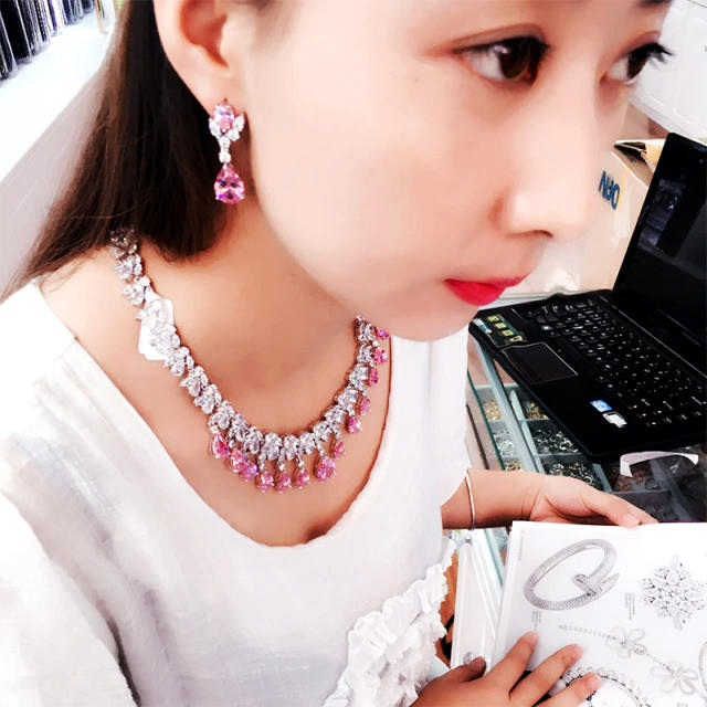 Occident fashion color cubic zircon drop diamond necklace set