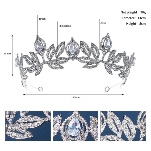 Baroque pave setting rhinestone leaf design crown