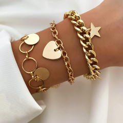 Hiphop heart star metal chain bracelet set