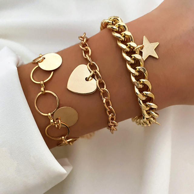 Hiphop heart star metal chain bracelet set