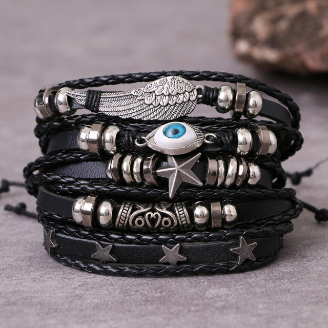 Black color evil eye symbol PU leather bracelet for men