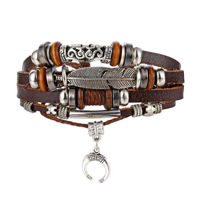 Vintage wing symbol PU leather bracelet for men