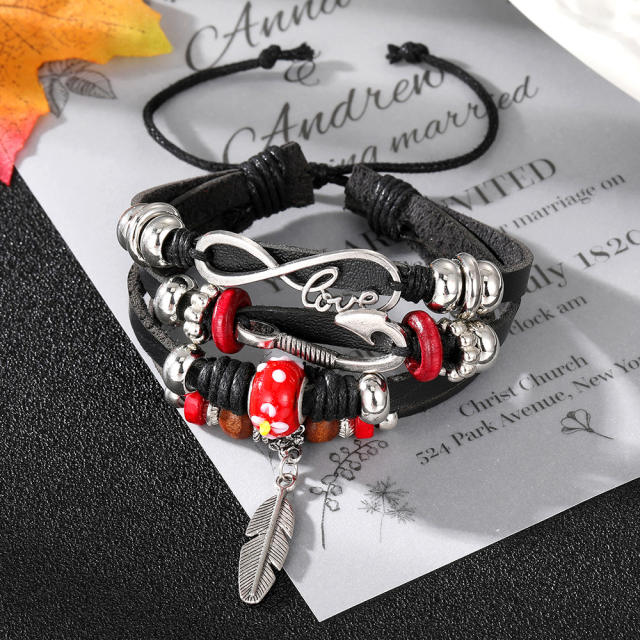 Infinity love PU leather layer bracelet for men