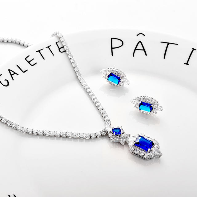 Fashion square shape color cubic zircon wedding necklace set