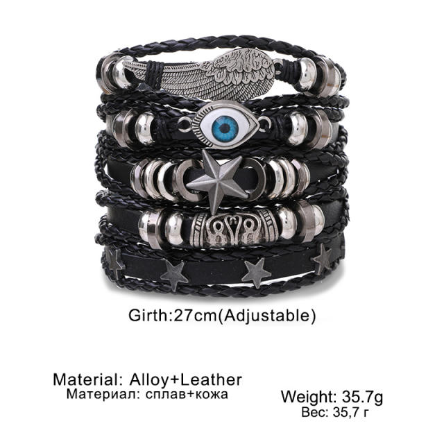 Black color evil eye symbol PU leather bracelet for men