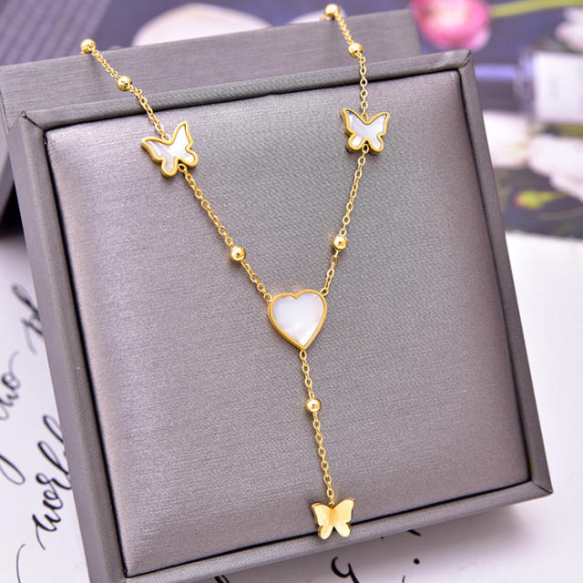 Korean fashion heart butterfly lariet necklace stainless steel necklace
