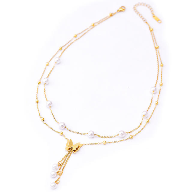 Korean fashion two layer frost butterfly pearl stainless steel necklace
