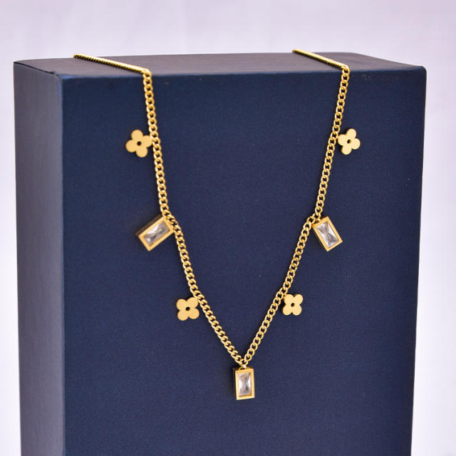 Korean fashion simple design cubic zircon charm stainless steel necklace
